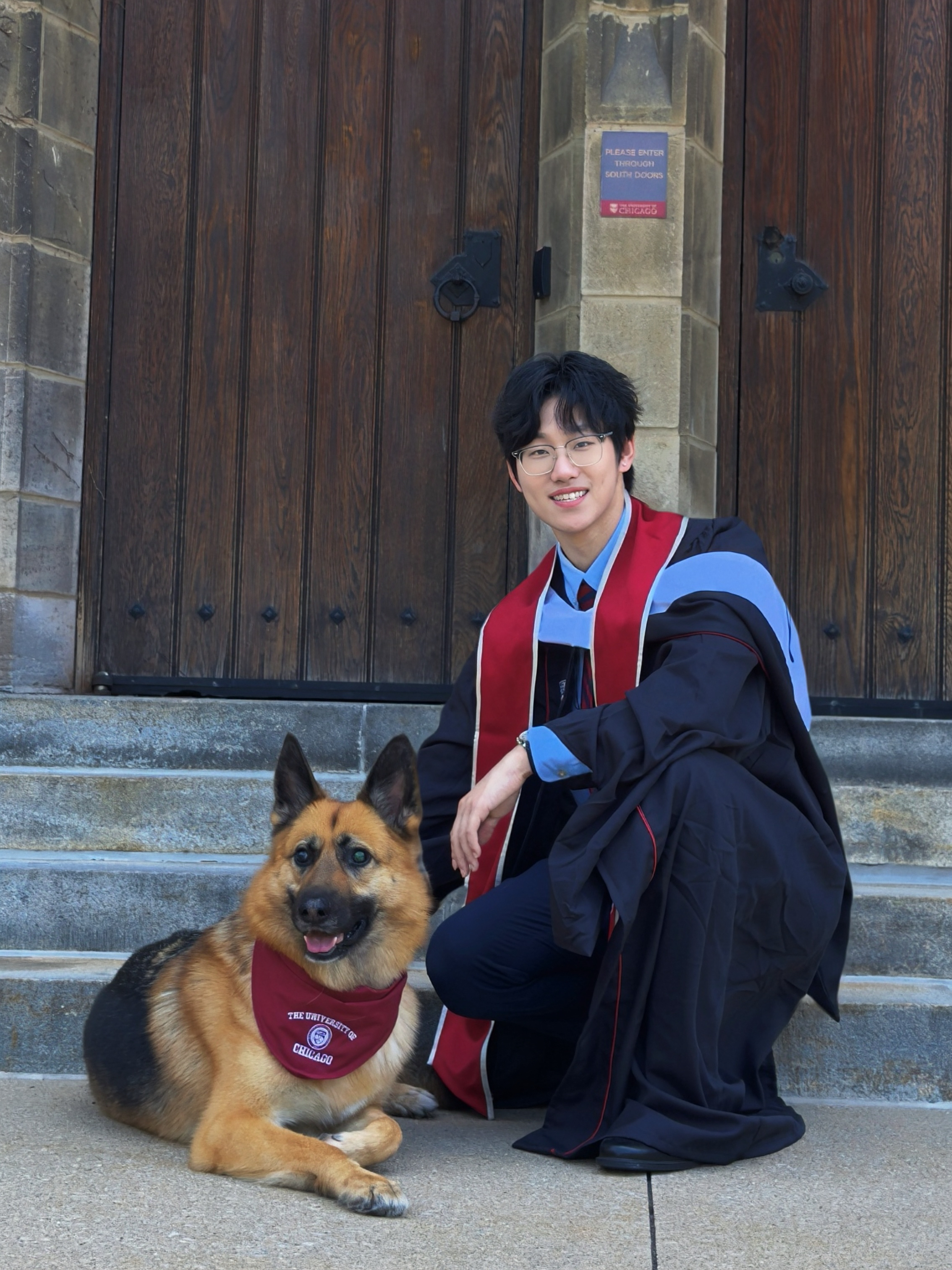 Wilson Lu with his German Shepherd at University of Chicago graduation